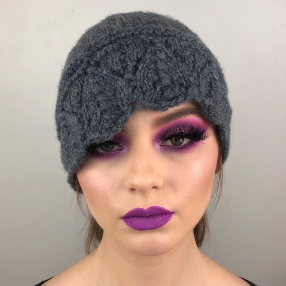 NWOT Lewis Knits Hand Knit Gray Lace Edge Hat Beanie Cap